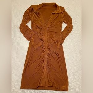 Orange ruched mini dress